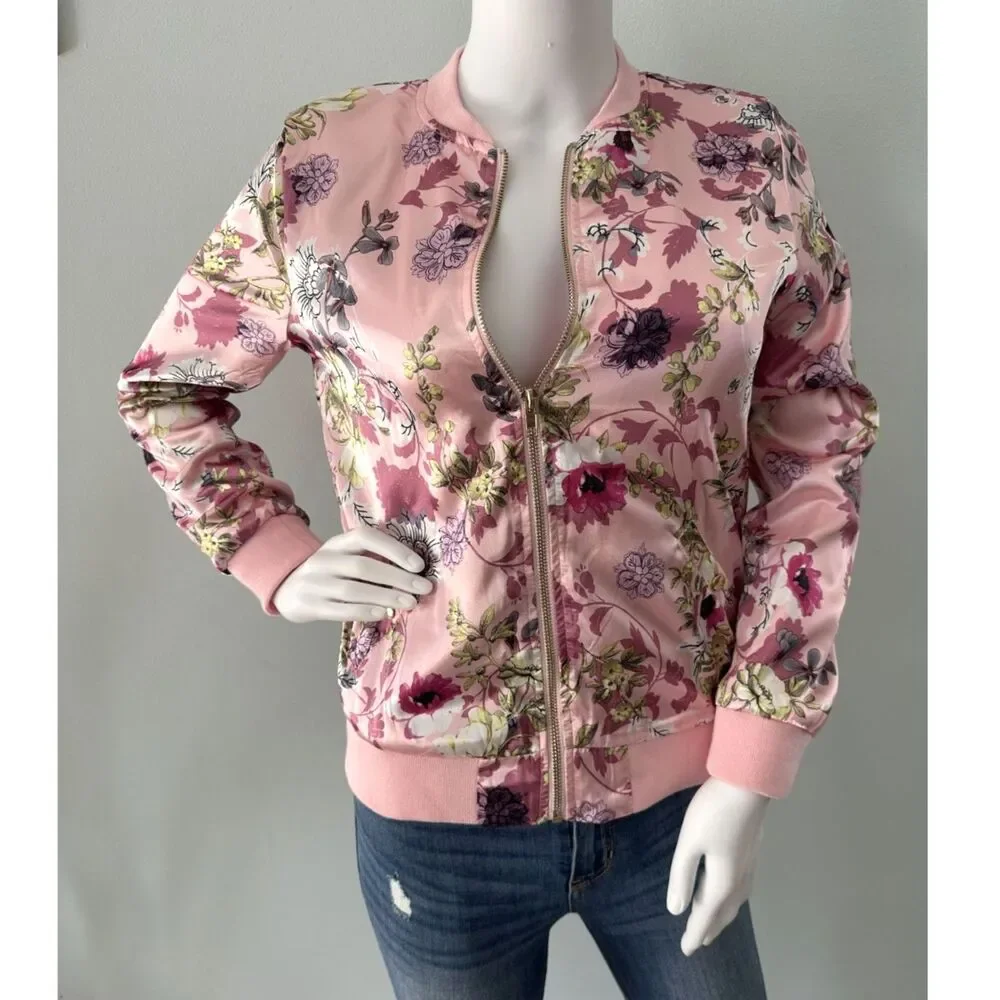 Say What Pink Satin Floral Bomber Jacket Girls size Large 14/16